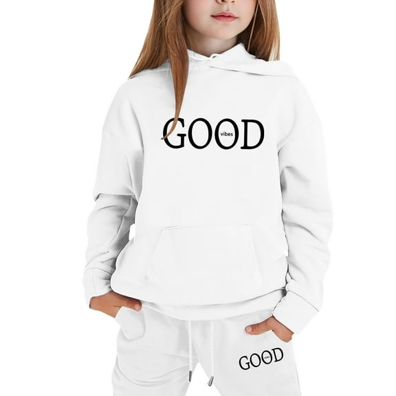 GUNIA Girls 2 Piece Outfits Hoodie Sweatsuit Sets Stylish Casual Winter Wear Trendy Printed Hooded Ages 1-9 Tracksuit Sweatshirt And Sweatpants Joggers Set White 7-8 Years