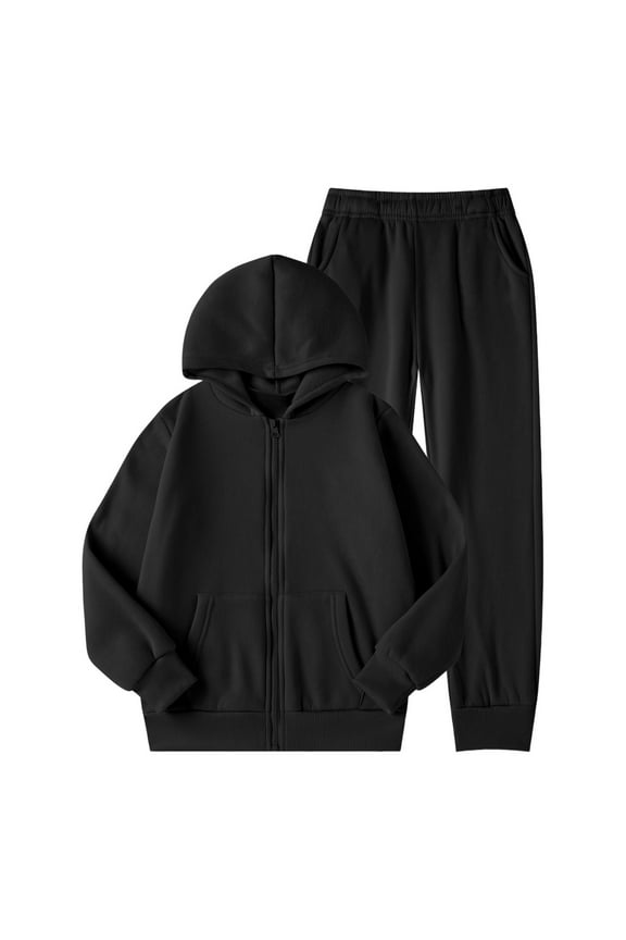 Girls 2 Piece Outfits Hoodie Sweatsuit Sets Zip Up Winter Lined Pants Kids Cozy Warm Pullover Tracksuit Casual Toddler Youth Sweatshirt And Sweatpants Joggers Set Black 9-10 Years