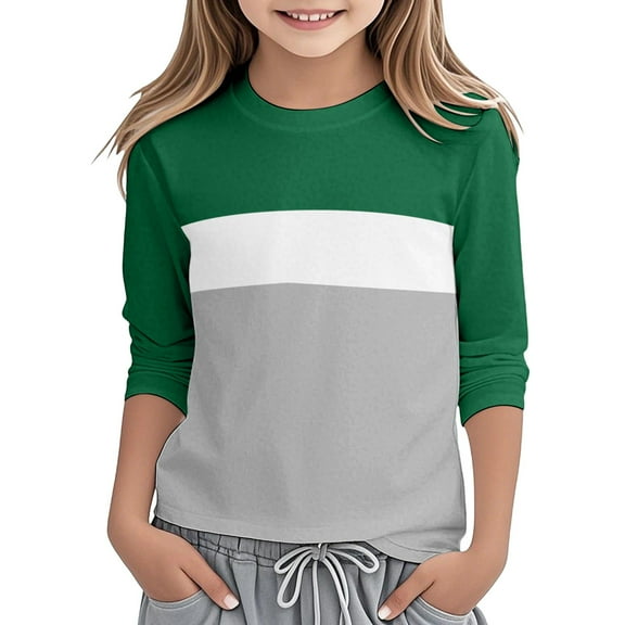 GUNIA Girls Long Sleeve Shirts Casual Color Block Crewneck Basic Tunic Kids Spring Fall Tops Toddler Tees Green 11-12 Years