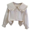 thumbnail image 1 of GUNIA Girls Long Sleeve Shirts Casual Cute Graphic Crewneck Basic Elegant Ruffled Button Down Shirts Kids Spring Fall Tops Toddler Tees Beige 3-4 Years, 1 of 3