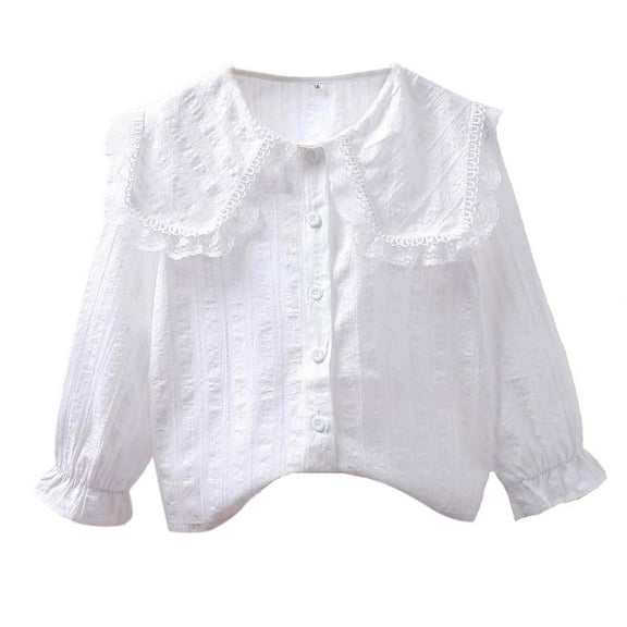 GUNIA Girls Long Sleeve Shirts Casual Cute Graphic Crewneck Basic Elegant Ruffled Button Down Shirts Kids Spring Fall Tops Toddler Tees White 13-14 Years