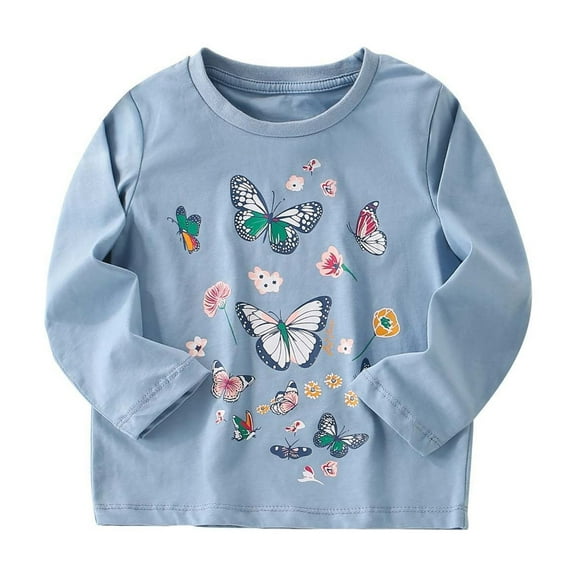 GUNIA Girls Long Sleeve Shirts Casual Cute Graphic Crewneck Basic Kids Spring Fall Tops Toddler Tees Sky Blue 3-4 Years