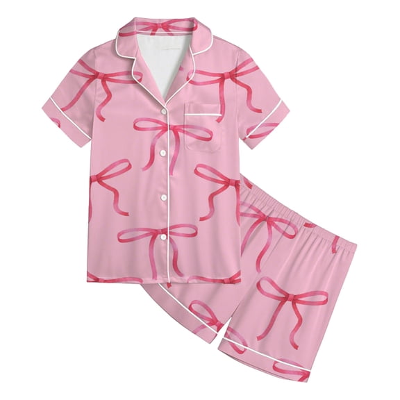 GUNIA Girls Satin Pajamas Set Bow Pajama Silk Button Down Heart Graphic Short Sleeve Tops Shorts Set Cozy 2 Piece Pjs Loungewear Sleepwear Girls Satin Pajamas Set Pink