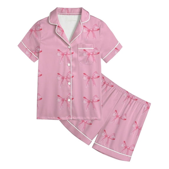 GUNIA Girls Satin Pajamas Set Bow Pajama Silk Button Down Heart Graphic Short Sleeve Tops Shorts Set Cozy 2 Piece Pjs Loungewear Sleepwear Girls Satin Pajamas Set Pink
