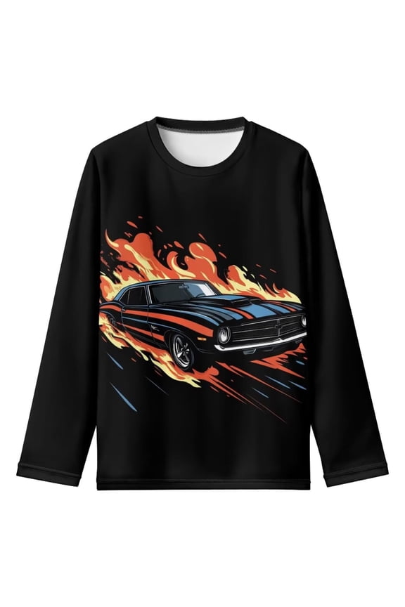 Kids Toddler Boys Long Sleeve Shirts Car Print Crewneck Casual Basic Active Tops Tee Tunic T-Shirt 3-14 Years Black