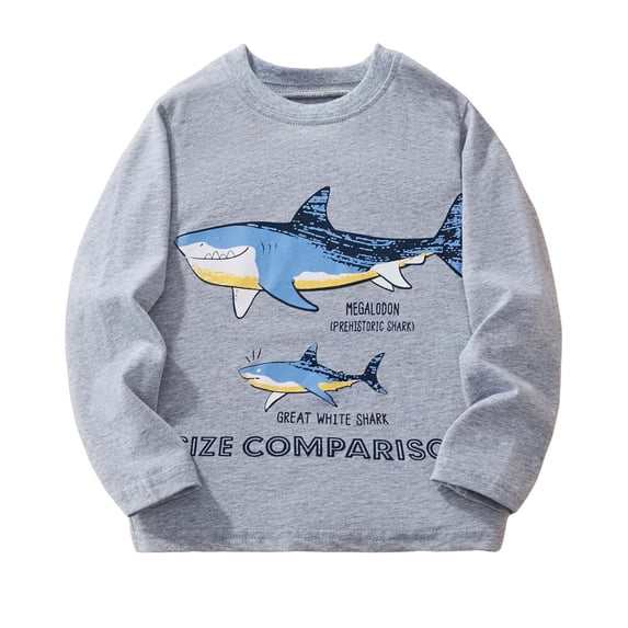GUNIA Kids Toddler Boys Long Sleeve Shirts Shark Print Crewneck Casual Basic Active Tops Tee Tunic T-Shirt 2-8 Years Grey