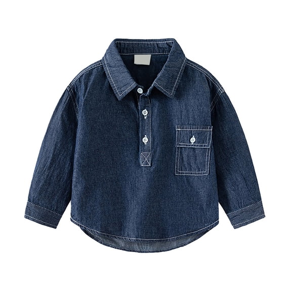 GUNIA Kids Toddler Boys Long Sleeve Shirts Solid Color Lapel Casual Basic Denim Button Down Shirt 12M-5Y Dark Blue