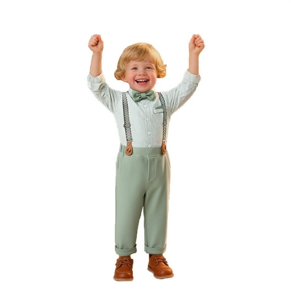 GUNIA Toddler Boy Suit Wedding Outfits Gentleman Clothes Suspenders Two Piece Formal With Bow Tie Infant First Birthday Party Photoshoot Boys Outfit Set Green 2-3 Years