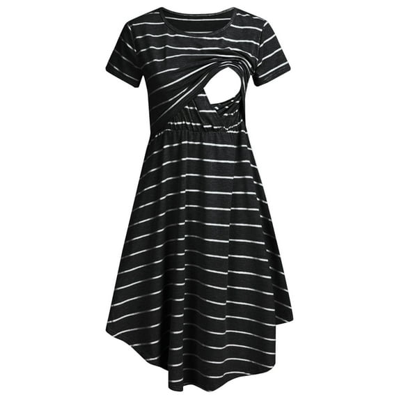 GUNIA Women Maternity Casual Striped Short Sleeve Nursing Dress Striped Multifunctional Striped Maternity Dress Mom Lactation Dress Pregnancy Cozy