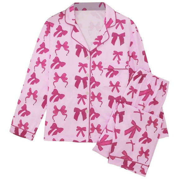 GUNIA Womens Silk Satin Pajama Sets Bow Print Heart 2 Piece Button Down Valentine'S Day Pjs Soft Comfortable Long Sleeve Cozy Pajamas Sleepwear Light Purple S-Xxl