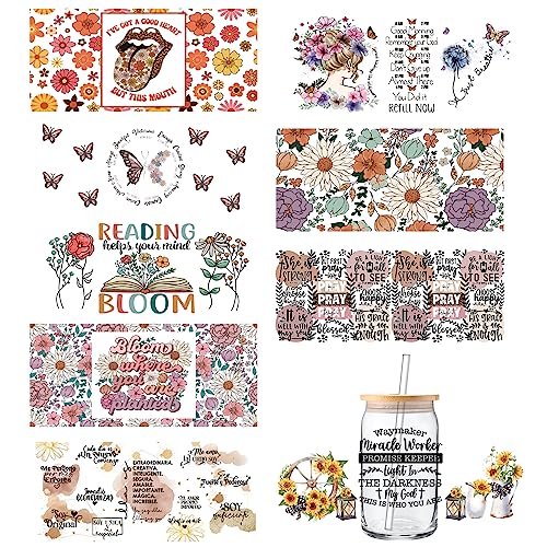 GUNKY UV DTF Cup Wrap, 9Sheets Flower Theme Rub on Transfers for