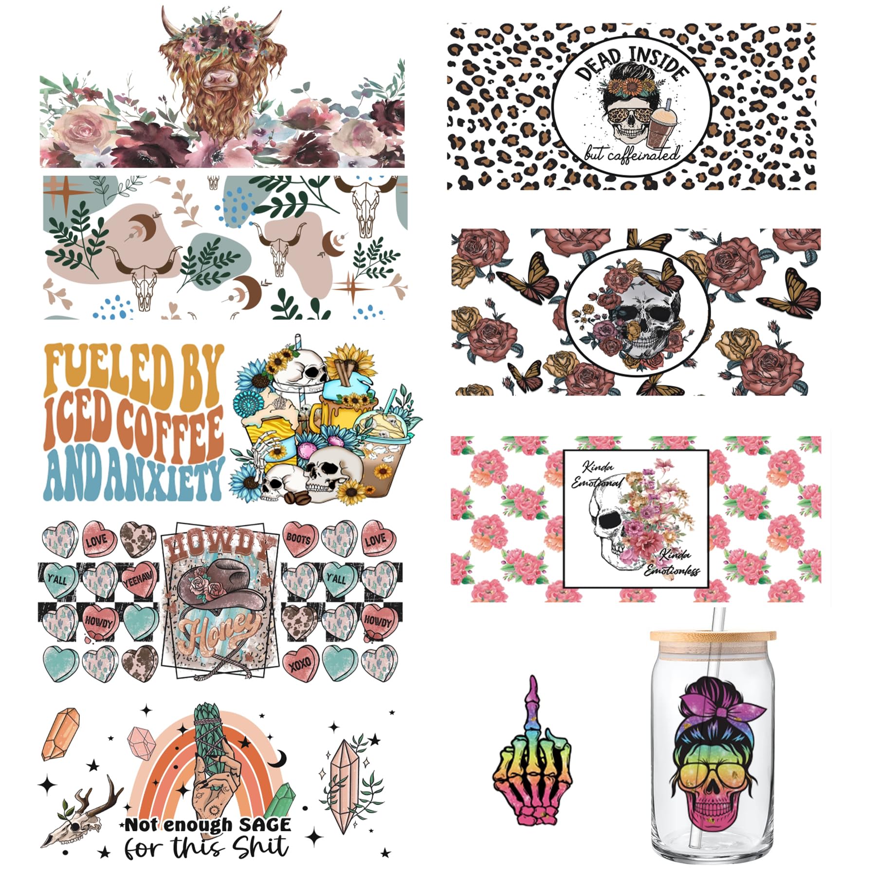 GUNKY UV DTF Cup Wrap, 9Sheets Skull & Cow Theme Rub on Transfers for