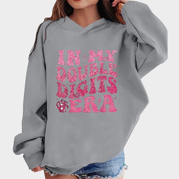 GUOBIOZIY Cute Letter Graphic Print Hoodie for Girl 2024 Fall Preppy Long Sleeve Pullover Tops for Teen Girls (Grey,C)