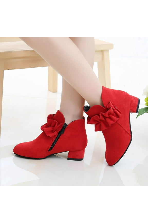 Girls Ankle Boots Kids Side Zipper Low Heel Leather Dress Booties (Red,11.5-12 Y)