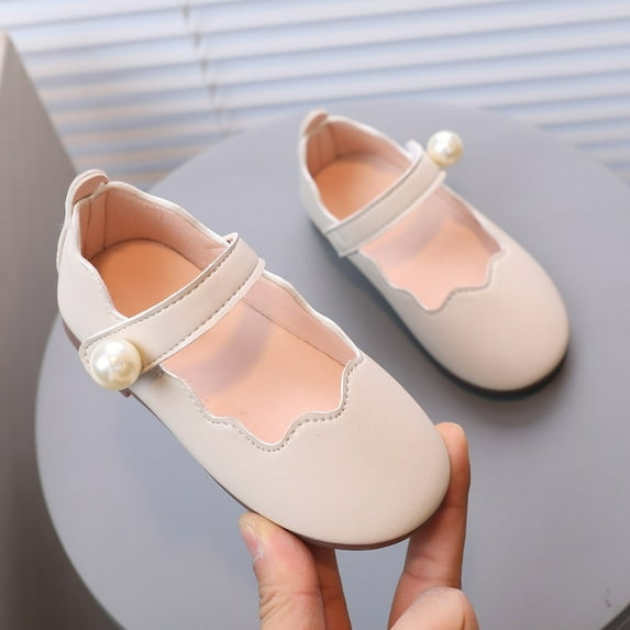 GUOBIOZIY Girls Dress Shoes Flower Girl Shoes Low Heel Princess Low Heel Shoes for Toddler Little Big Kids (Beige,5.5-6 Y)