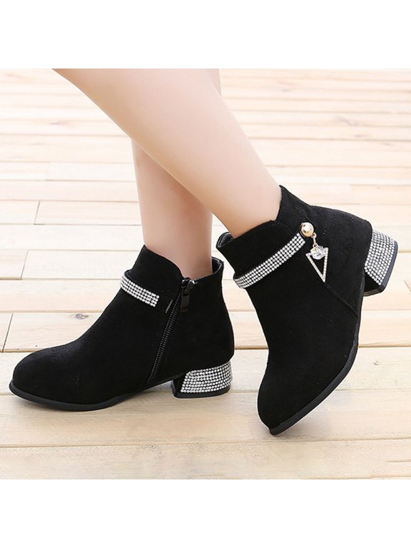 Kids Girls Ankle Boots Chunky Low Block Heel Dress Booties Fashion Winter Shoes with Zipper (Black,3.5-4 Y)