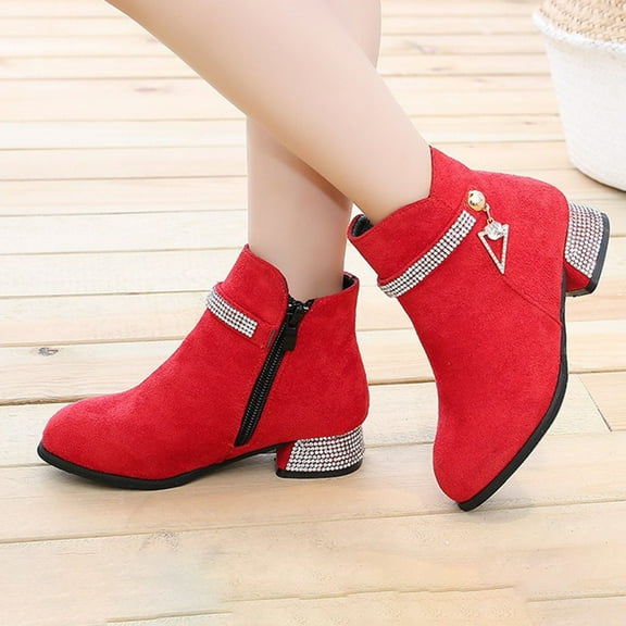 GUOBIOZIY Kids Girls Ankle Boots Low Block Heel Dress Booties Fashion Winter Shoes with Zipper (Red,5-5.5 Y)