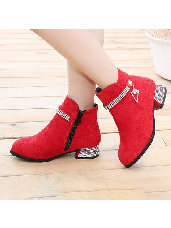 Kids Girls Ankle Boots Low Block Heel Dress Booties Fashion Winter Shoes with Zipper (Red,9.5-10 Y)