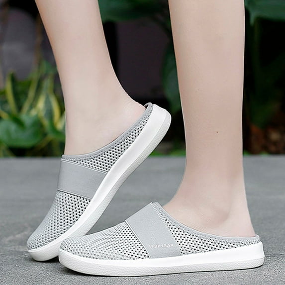 GUOBIOZIY Mules for Women Walking Sneakers Summer Slip-On Mule Shoes Mesh Shoes Open Back Slip On Shoes Breathable Closed Toe Slides(Grey,7.5)