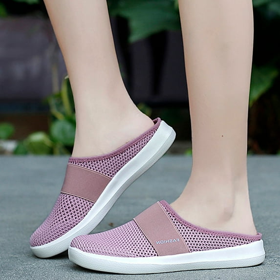 GUOBIOZIY Mules for Women Walking Sneakers Summer Slip-On Mule Shoes Mesh Shoes Open Back Slip On Shoes Breathable Closed Toe Slides(Pink,8.5)