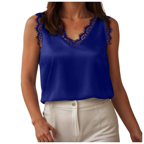 GUOBIOZIY Sexy Summer Lace Trim Sleeveless Cami V Neck Tank Tops Dressy Spring Summer Fashion Elegant Camisole (Dark Blue,XL)