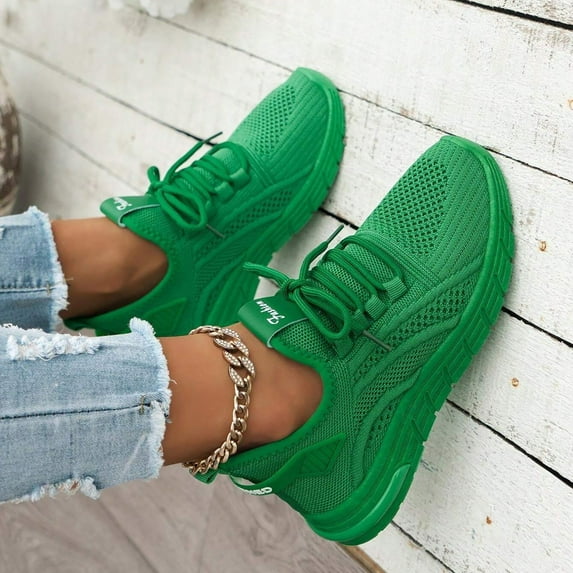 GUOBIOZIY Sneakers For Women Women's Fashion Platform Solid Color Lace-up Mesh Sneakers（Green,7）