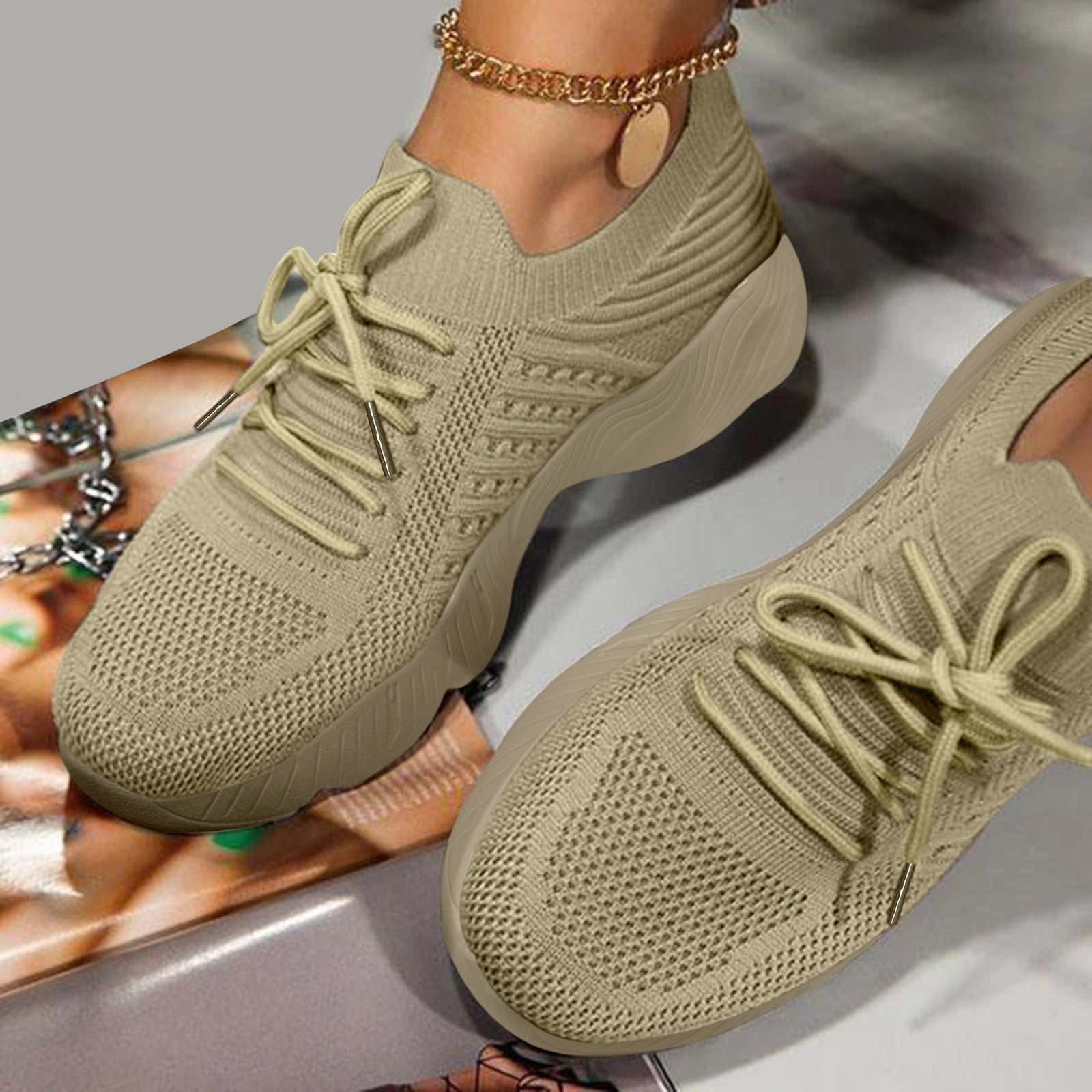 GUOBIOZIY Sneakers for Women Slip on Sneakers for Women Walking Shoes Non Slip Lightweight Fashionable Breathable Tennis Shoes Work Shopping Travel(Khaki,9)