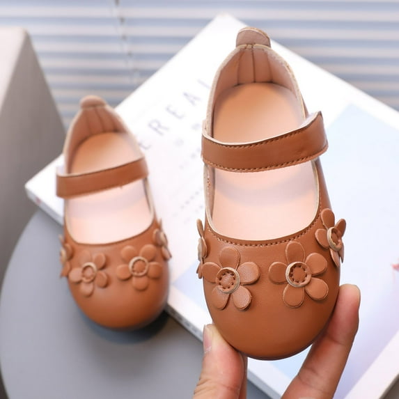 GUOBIOZIY Toddler Dress Shoes Flower Girl Shoes for Wedding Party Cute Toddler Mary Jane Shoes Flat for Walking (Brown,3.5-4 Y)