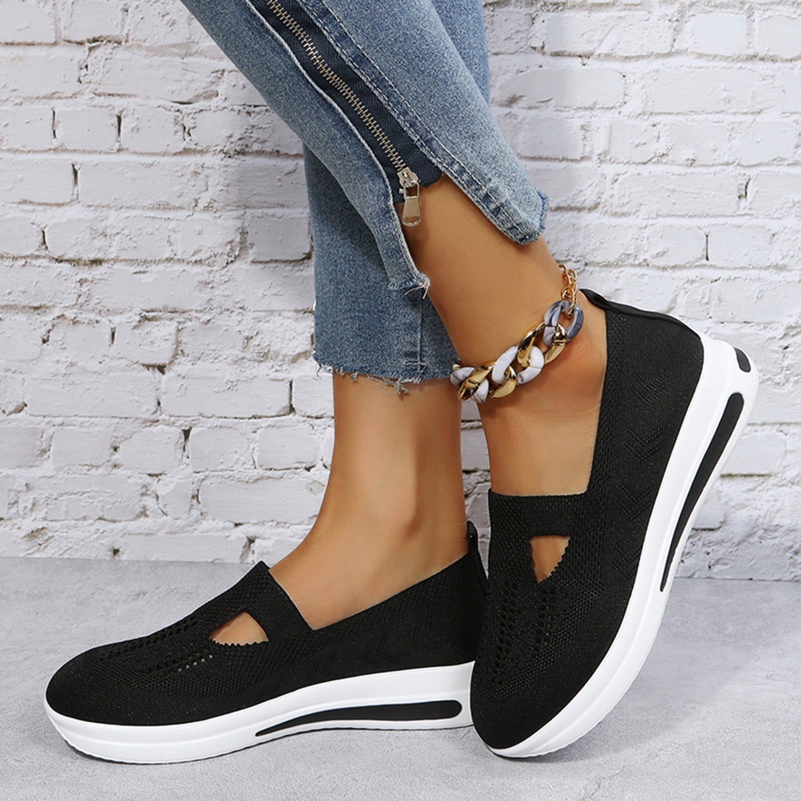 GUOBIOZIY Walking Shoes Women Breathe Mesh Slip on Sneakers Women Comfortable Lightweight(Black,7.5)