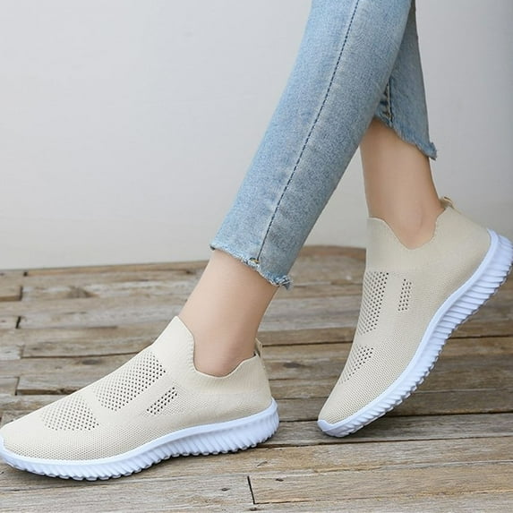 GUOBIOZIY Walking Shoes Women Casual Sock Sneakers Lightweight Comfy Breathable Pull-on(Beige,9)
