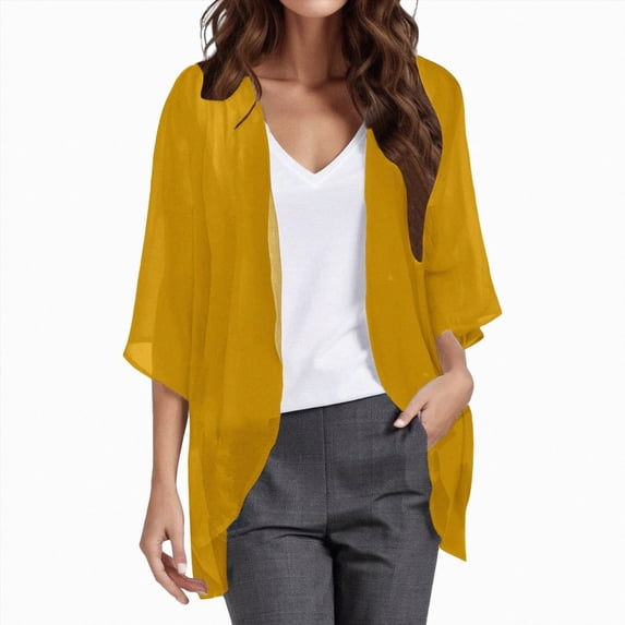 GUOBIOZIY Women Kimono Cardigans 3/4 Length Sleeve Loose Fit Beach Cover Ups Summer Casual Boho Open Front Chiffon Soft Breathable Top (Yellow,4XL)