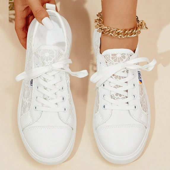 GUOBIOZIY Women Shoes Wide Width Casual Mesh Hollow Lace Fashion Lace Casual Women's Out up Decor Comfy Shoes for Women Casual (White,8)