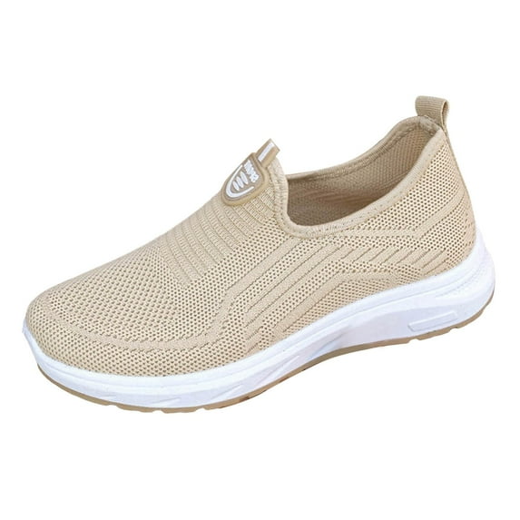 GUOBIOZIY Women Slip on Walking Sneakers Mesh Breathable Lightweight Non Slip Casual Work Shoes (Khaki,8)