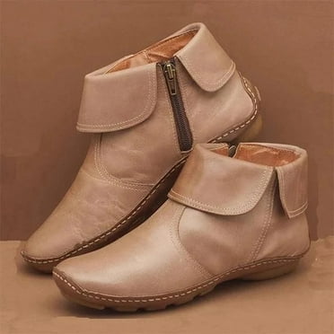 GUOBIOZIY Women's Ankle Boots, Comfortable Flat Short Boots Side Zipper Boots (Beige,8)