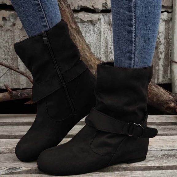 GUOBIOZIY Women's Fashion Versatile Boots Women'S Winters Flat Leather Belt Buckle Suede Zipper Round Toe Ankle Boots Black,6.5