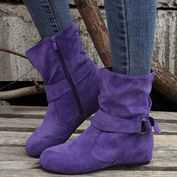 GUOBIOZIY Women's Fashion Versatile Boots Women'S Winters Flat Leather Belt Buckle Suede Zipper Round Toe Ankle Boots Blue,6.5