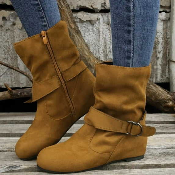 GUOBIOZIY Women's Fashion Versatile Boots Women'S Winters Flat Leather Belt Buckle Suede Zipper Round Toe Ankle Boots Yellow,7