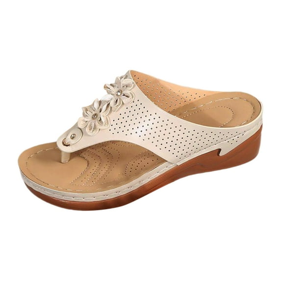 GUOBIOZIY PU Leather Soft Footbed Arch-Support Sandals for Women Rhinestone Wedge Flip Flops Summer Beach Shoes(White,6.5)