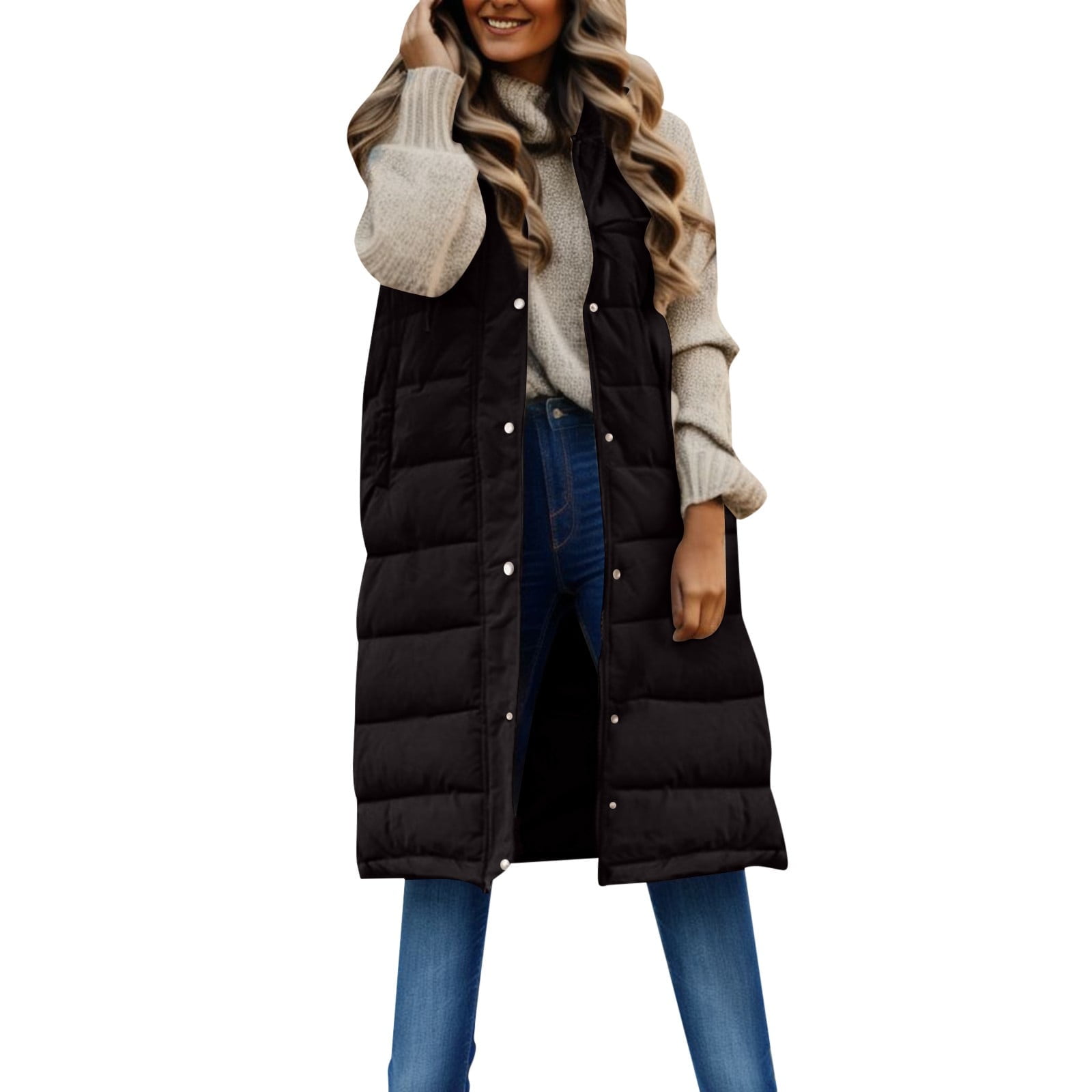 GUOBIOZIY Women's Long Puffer Vest Winter Quilted Hooded Sleeveless Zip