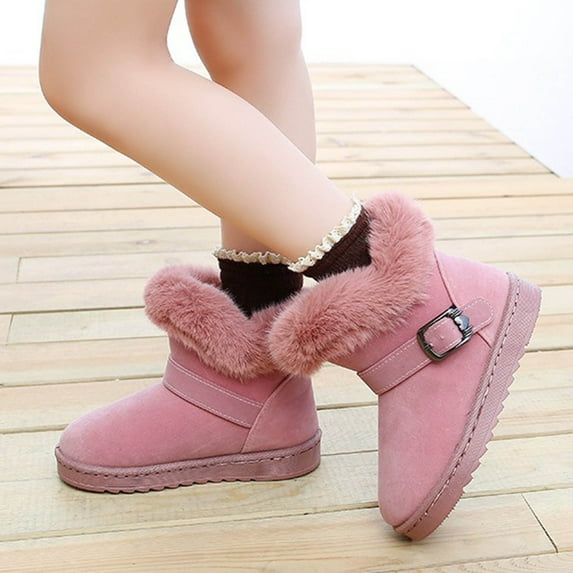 GUOBIOZIY Women's Low-Heeled Mid Calf Boots-Winter Warm Retro Girls Boots Ankle Shoes (Pink,11-11.5 Y)
