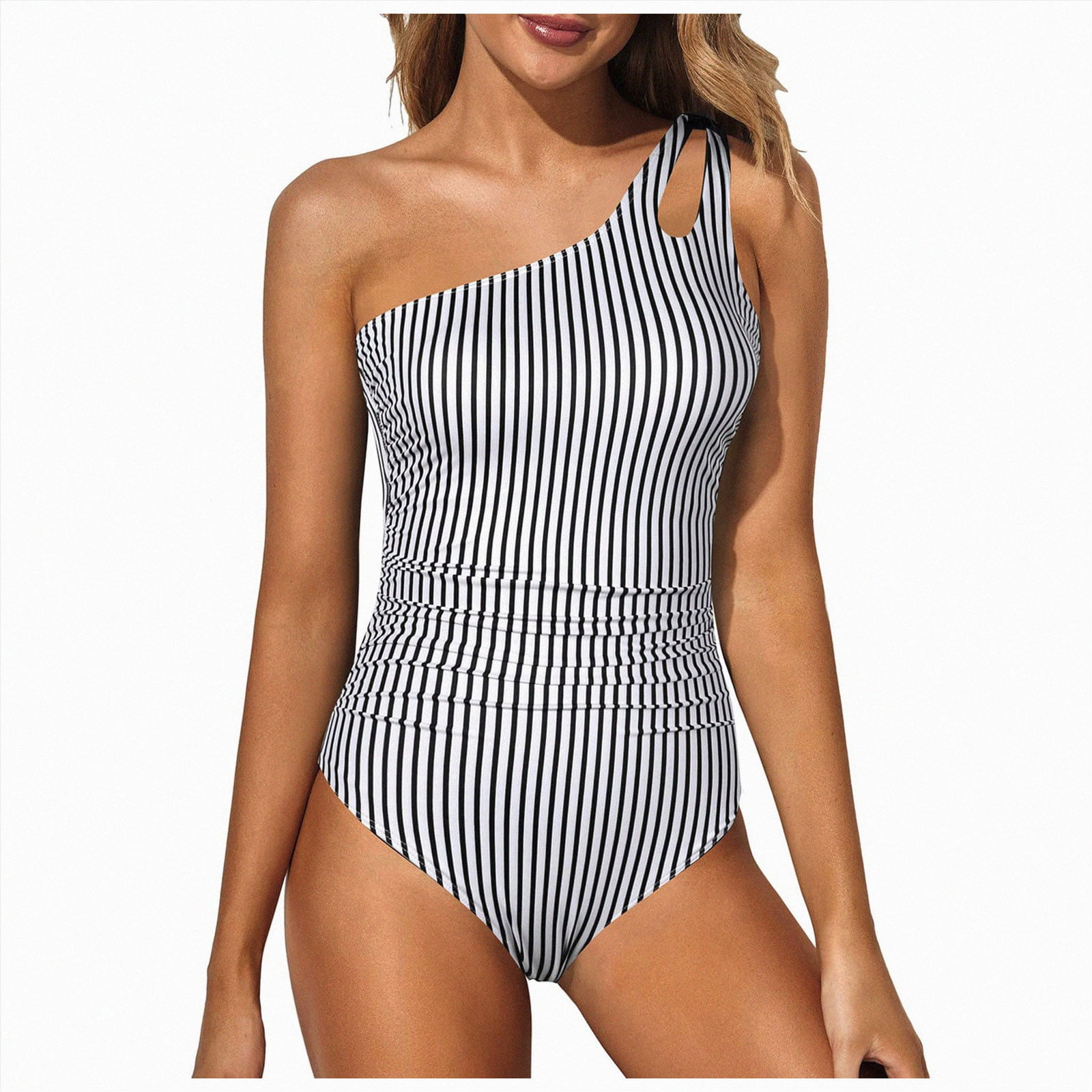 Women's Sexy One-Shoulder Striped Cut-Out Cover-Up 3-Piece Swimsuit
