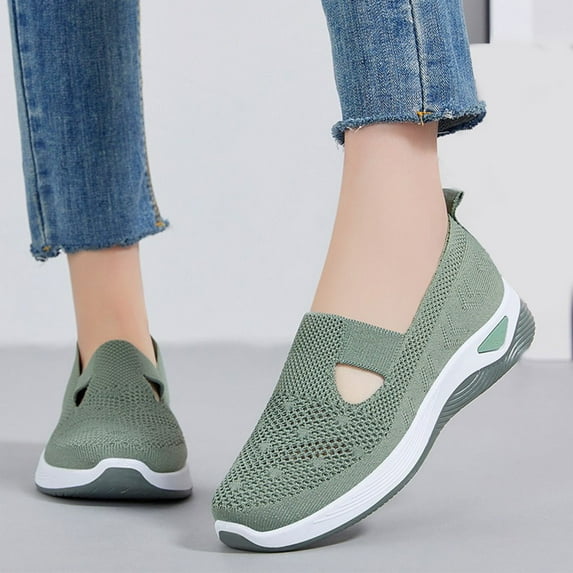 GUOBIOZIY Women's Slip on Loafer Shoes - Mesh Casual Ballet Flat Walking Sneakers Knit Round Toe Casual Shoes (Green,7)