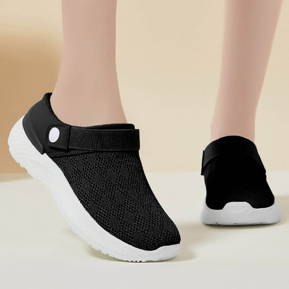 GUOBIOZIY Womens Mesh Slip On Shoes Backless Sneakers Knit Flats Non-Slip Walking Shoes(Black,8)