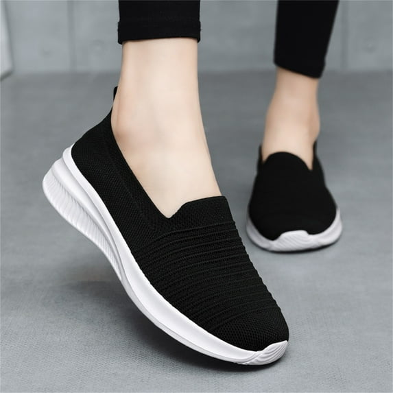 GUOBIOZIY Womens Walking Shoes Slip on Sneakers Comfortable Knitted Mesh Sneakers Lightweight Casual Work Shoes(Black,7)