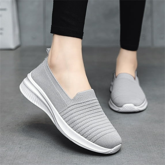 GUOBIOZIY Womens Walking Shoes Slip on Sneakers Comfortable Knitted Mesh Sneakers Lightweight Casual Work Shoes(Grey,9)
