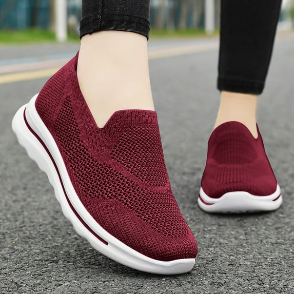 GUOBIOZIY Womens Walking Shoes Sock Casual Ladies Fashion Sneakers Comfortable Slip On Platform(Red,7.5)