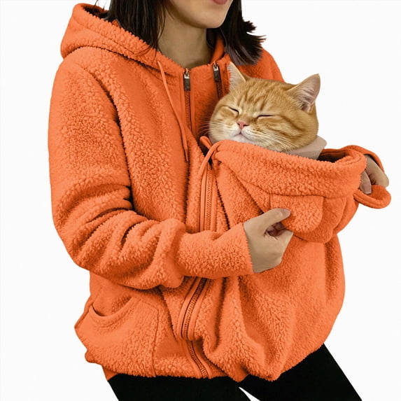 GUOBIOZIY Womens Zip Up Fleece Hoodie Large Front Pet Holding Pouch Long Sleeve Drawstring Loose Casual Outerwear Jacket