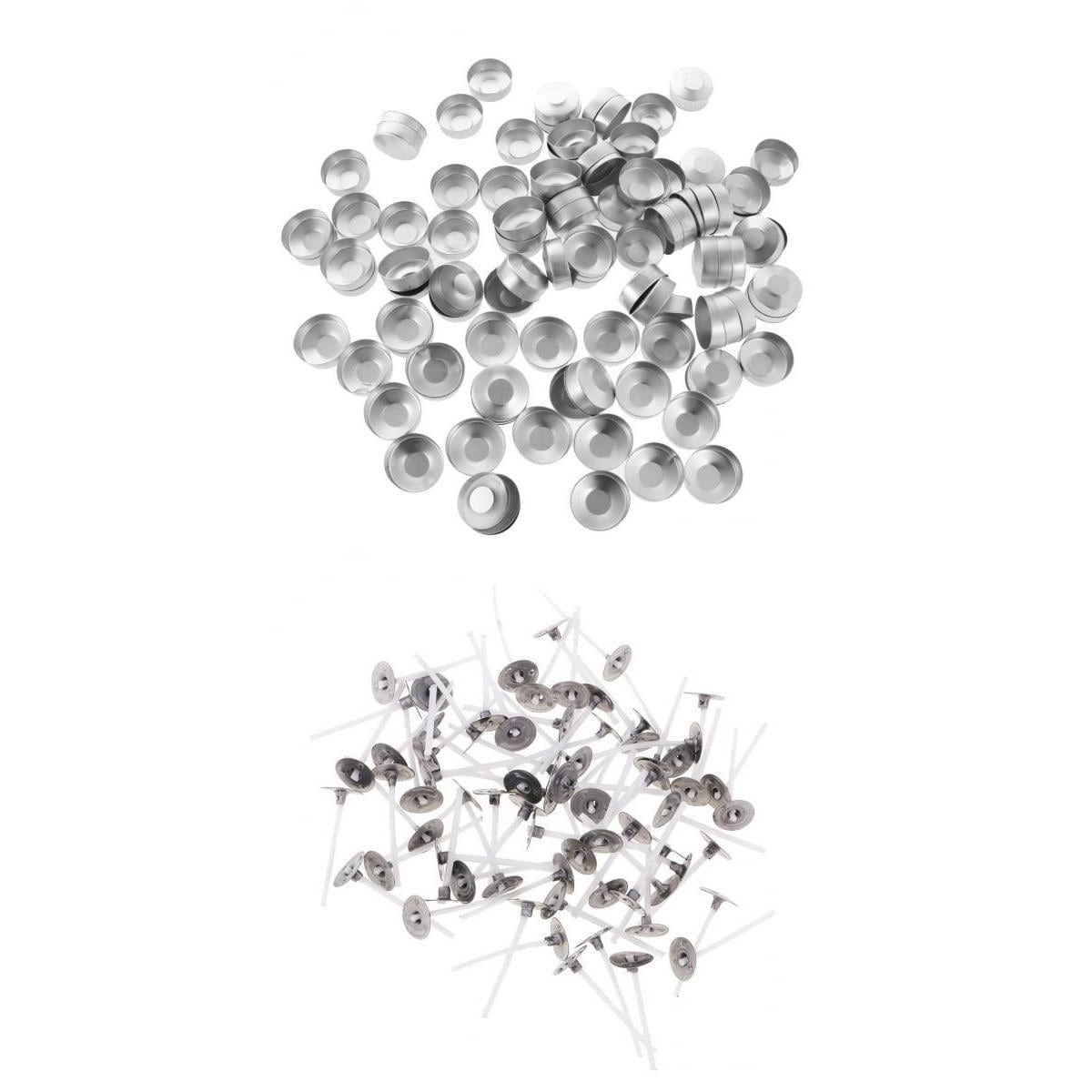GUOOL 100 Pieces Turned Edge Empty Aluminum Case Tealight Cups Containers + 100PCS CANDLE WICKS WITH Sustainers DIY Tea Light Candle Making Tool Kits