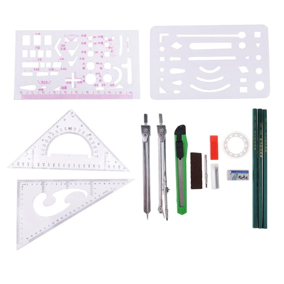 GUOOL 16 Pieces Drawing Compasses Mechanical Architecture Engineering Specialty Drawing Compasses Tool Set, Triangle Rulers, Drawing Pencils(2B, , 2H), Drawing Template; paper;