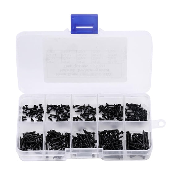 GUOOL 250x M2 Self Tapping Screw Electronic Mini Screws Assortment Kit DIY Black Round Pan Head Countersunk Head Wood Screw Set with Storage Box